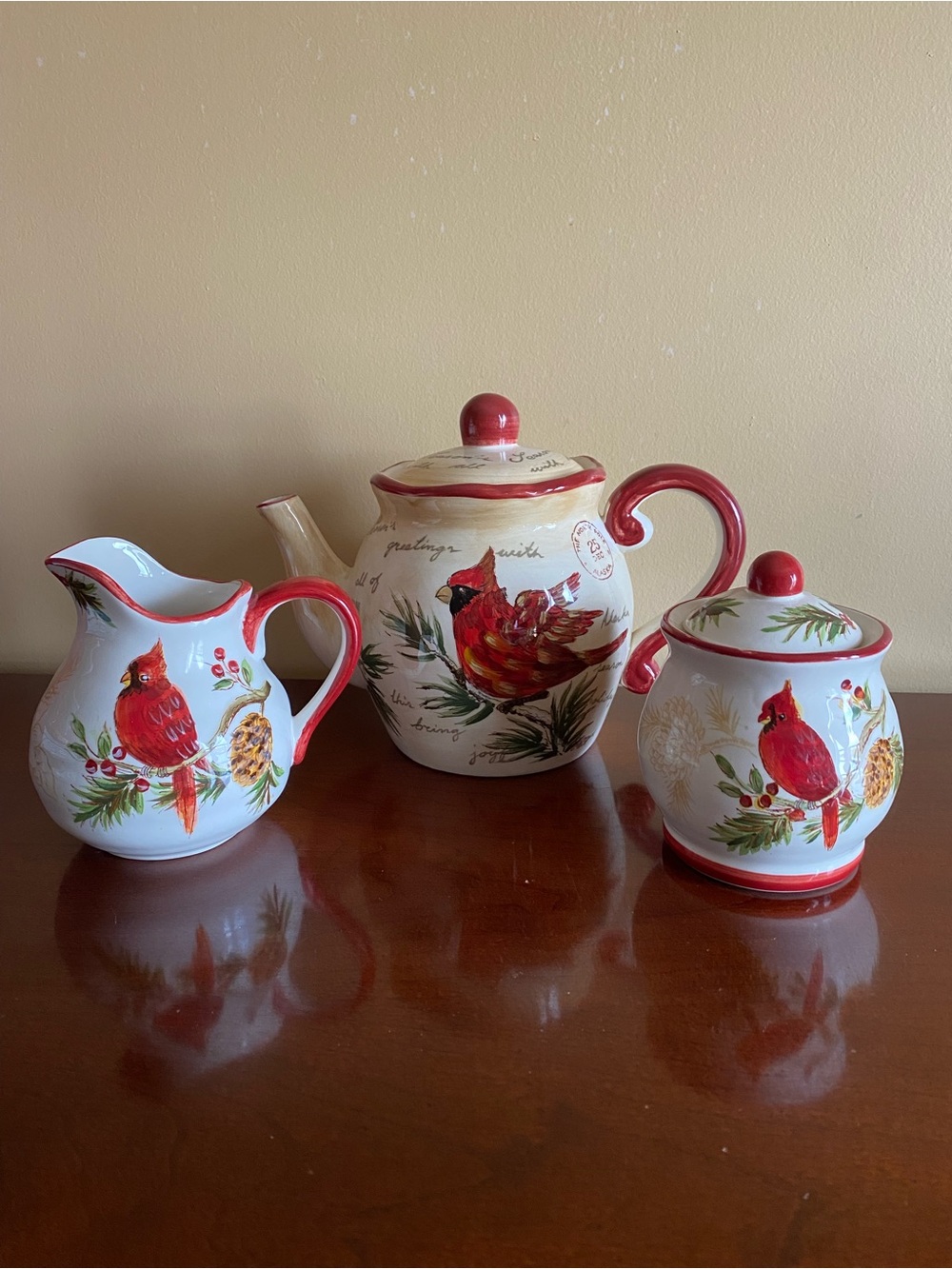 Maxcera Warm Wishes Cardinal Ceramic Tea Set with Red Trim Cream and sugar bowl